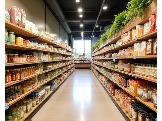 Interior of a modern, well-stocked health food store in Austin, showcasing organic products